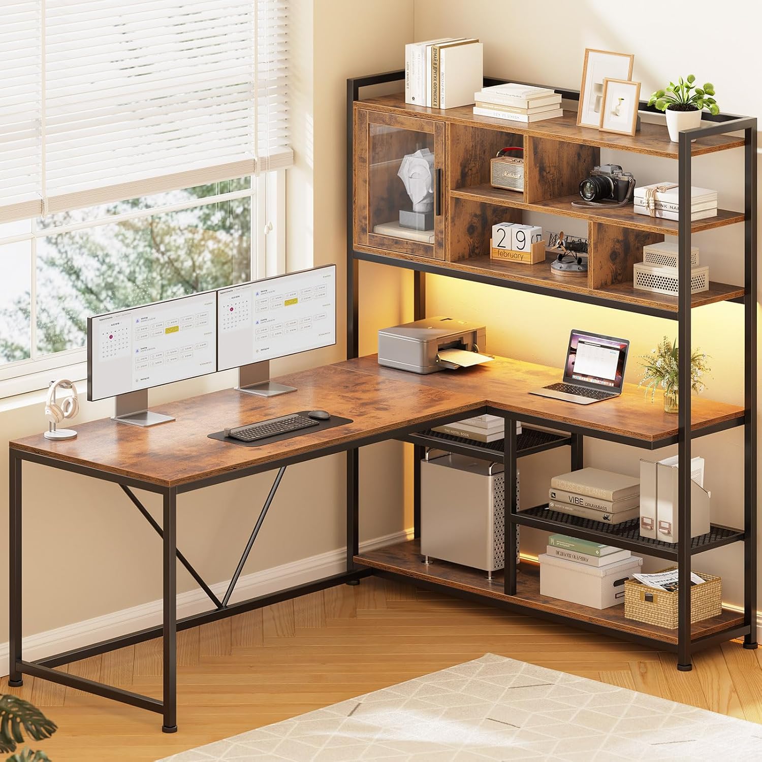 Amazon.com: SEDETA L Shaped Computer Desk, 58'' Office Desk with LED Light and Bookshelf, L Shaped Corner Desk with Storage Shelves for Home Office, Gaming Desk, L Desk, Rustic Brown : Home & Kitchen - Banner Image