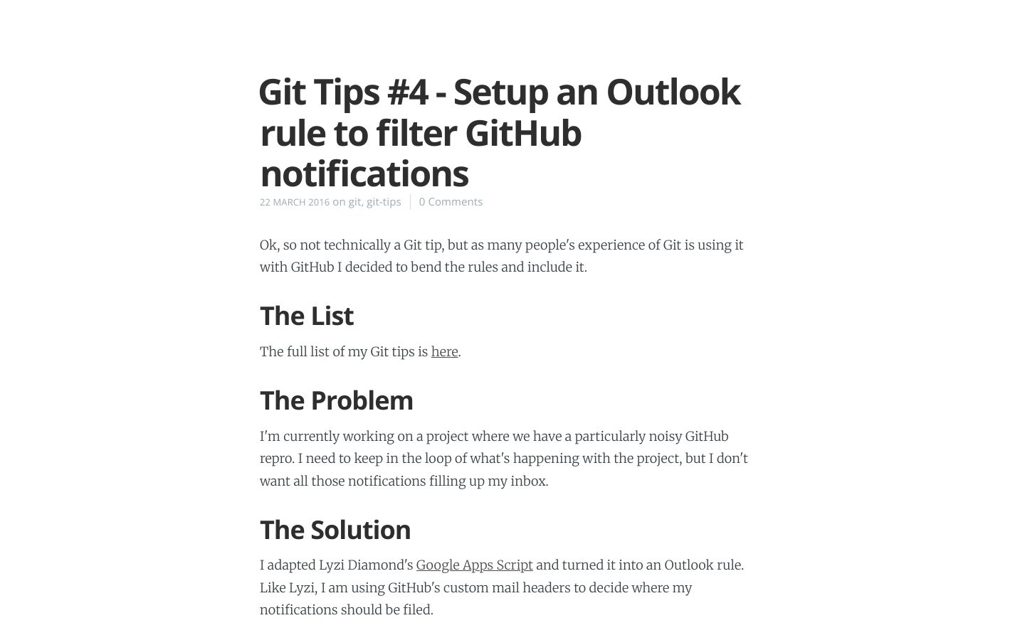 Git Tips #4 - Setup an Outlook rule to filter GitHub notifications - Screenshot
