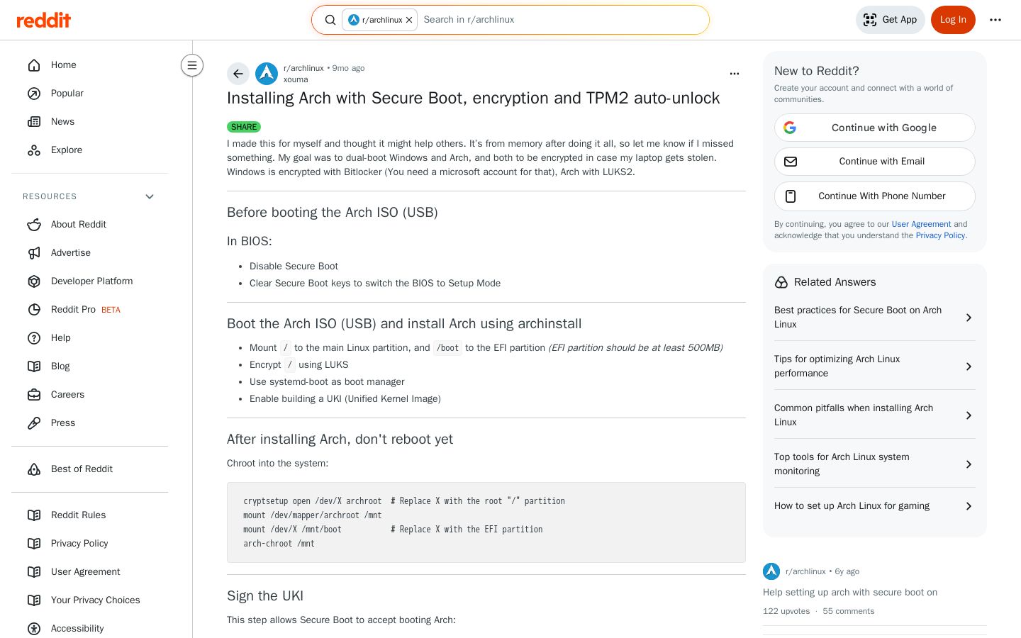 Installing Arch with Secure Boot, encryption and TPM2 auto-unlock : r/archlinux - Screenshot