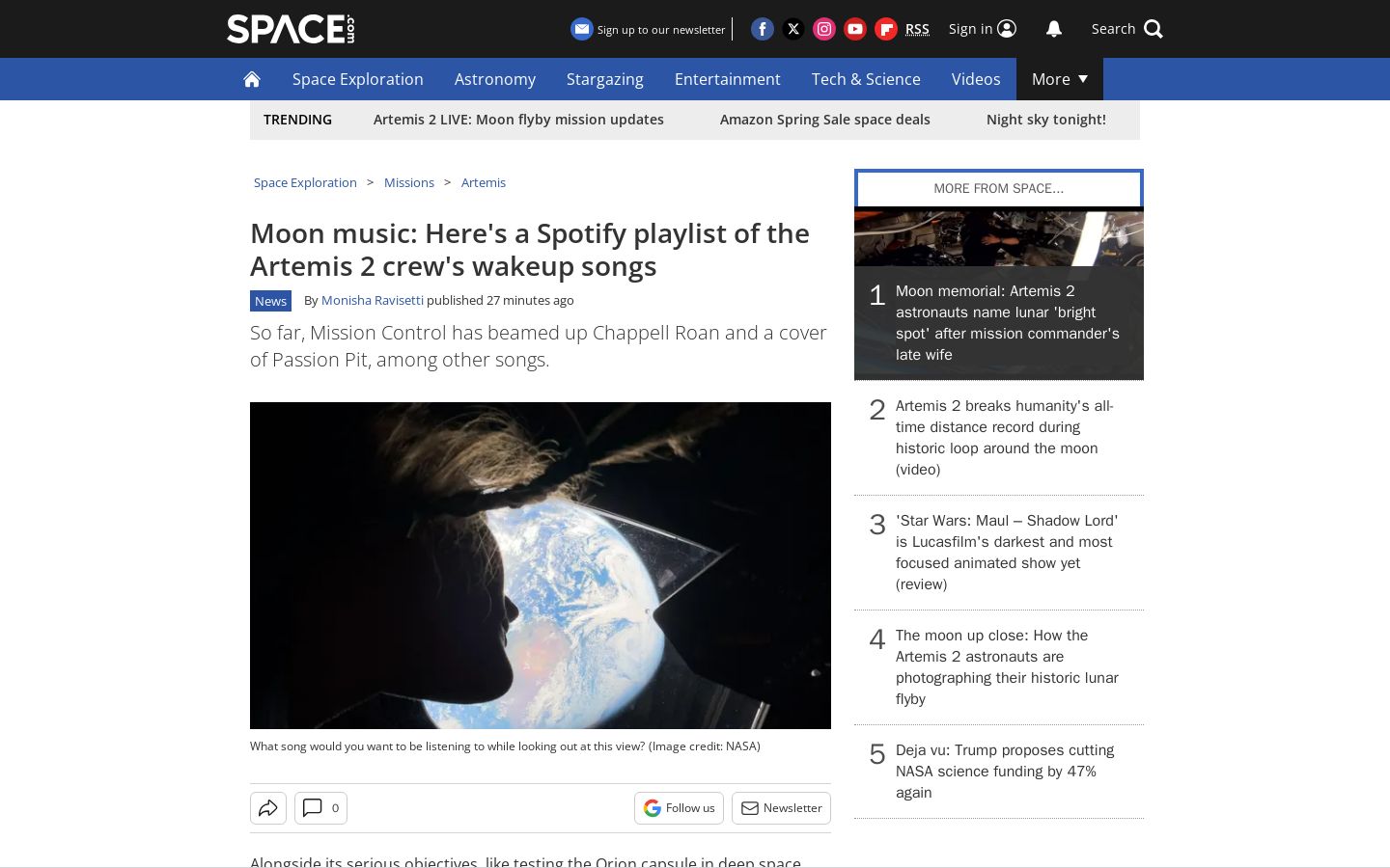 Moon music: Here’s a Spotify playlist of the Artemis 2 crew’s wakeup songs - Screenshot