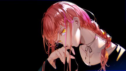 redhead, face, braids, Tidsean, closed mouth, ringed eyes, long hair, head tilt, collarbone, smiling, looking at viewer, ponytail, Chainsaw Man, Makima (Chainsaw Man), simple background, black background, yellow eyes, anime girls, long sleeves | 2432x1368 Wallpaper - wallhaven.cc - Banner Image
