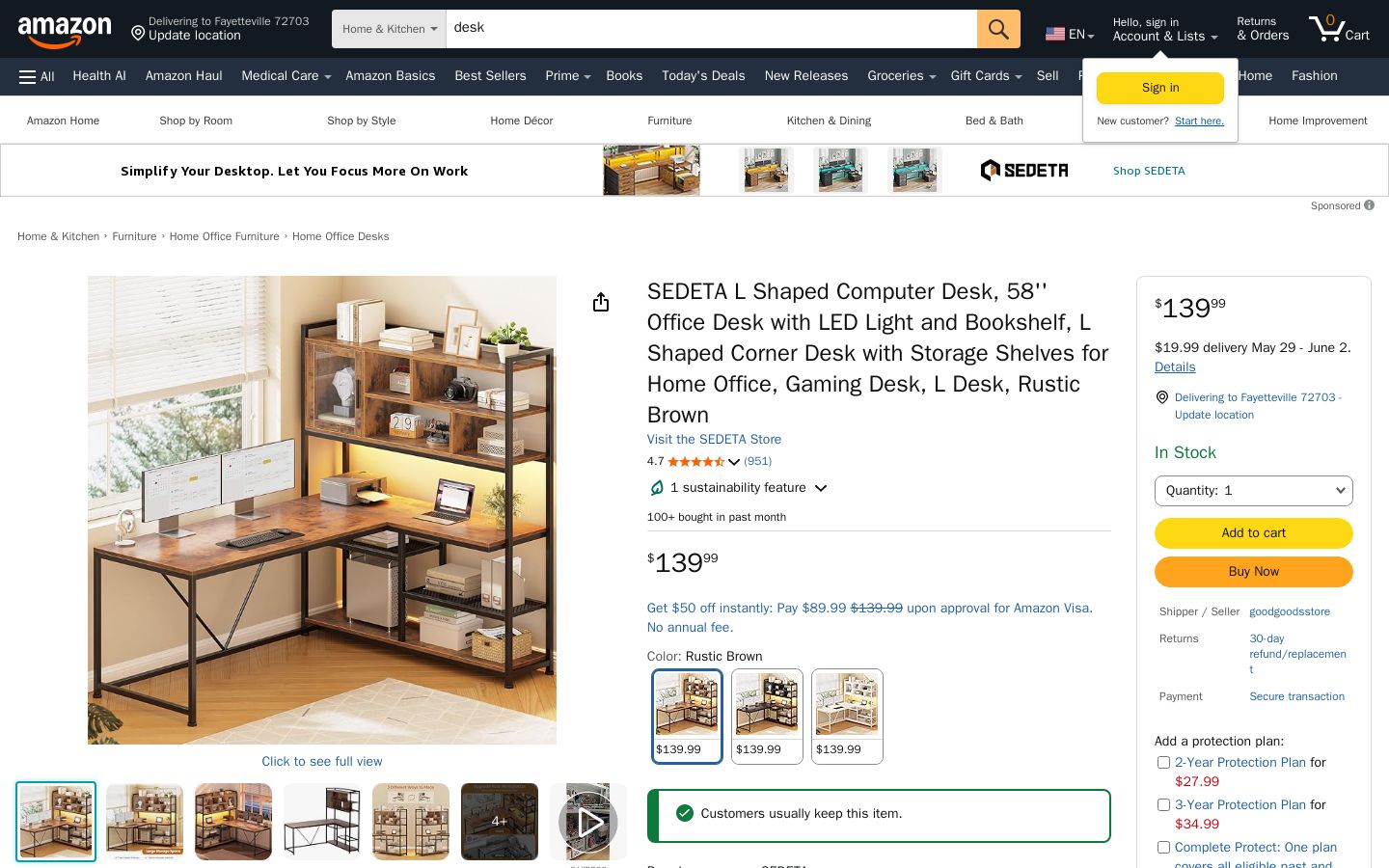 Amazon.com: SEDETA L Shaped Computer Desk, 58'' Office Desk with LED Light and Bookshelf, L Shaped Corner Desk with Storage Shelves for Home Office, Gaming Desk, L Desk, Rustic Brown : Home & Kitchen - Screenshot