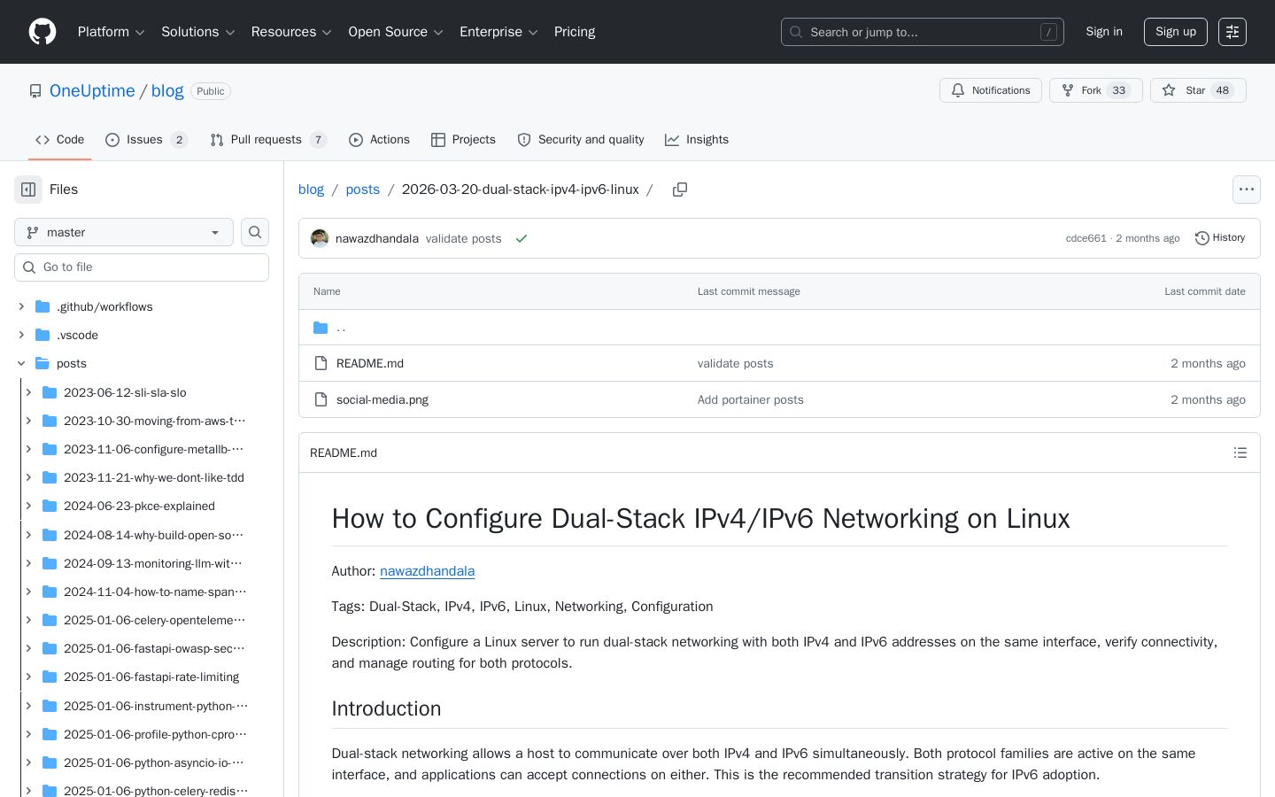blog/posts/2026-03-20-dual-stack-ipv4-ipv6-linux at master · OneUptime/blog - Screenshot