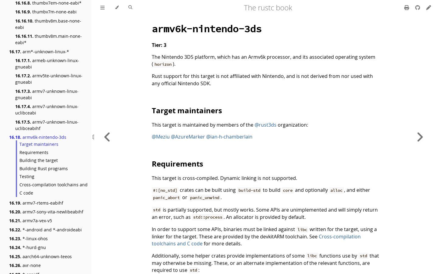 armv6k-nintendo-3ds - The rustc book - Screenshot