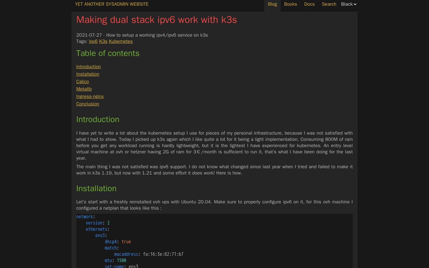 Making dual stack ipv6 work with k3s | Yet Another SysAdmin Website - Screenshot
